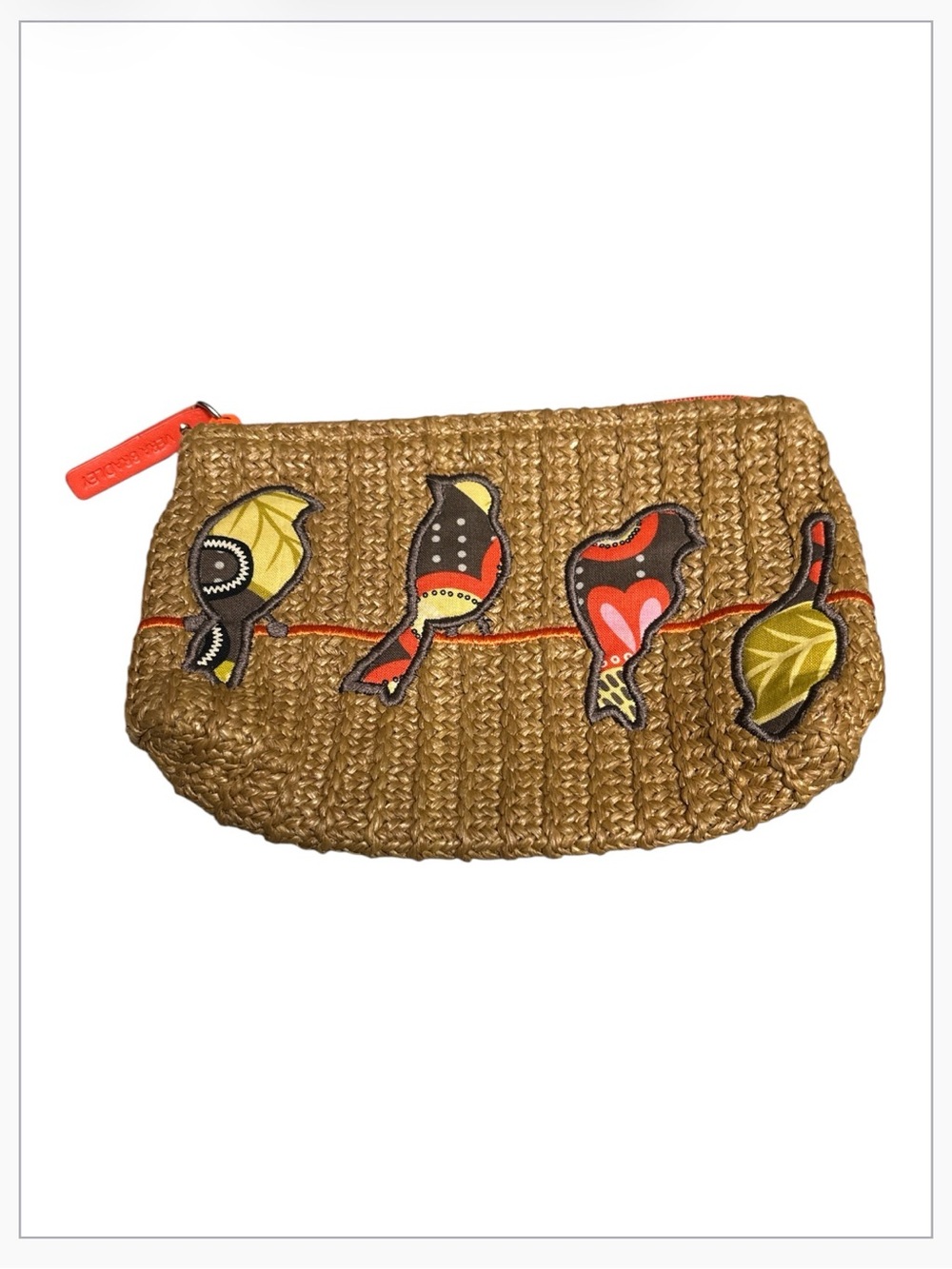 Vera Bradley Birds On A Wire Straw Cosmetic Makeup Clutch Bag Pouch Brown